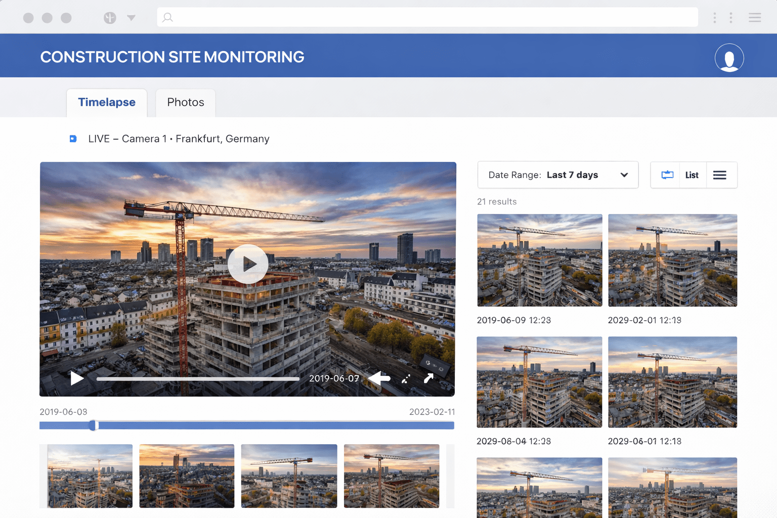 `Online-Portal für Baustellenkamera – Live-Zugriff auf Zeitraffer, Bildarchiv und Einzelaufnahmen`