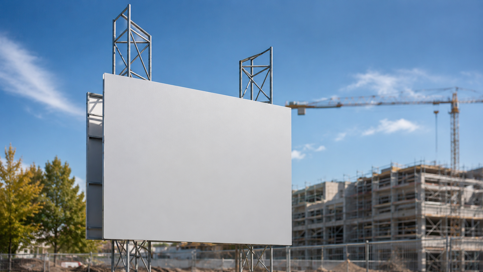 Blanko-Bauschild vor einem Rohbau mit Baukran auf einer Baustelle